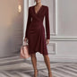 V Neck Folds  Solid Color Slim-fit Long Sleeve V-pleated Design Dress  Women's Office Commuter A-line Midi Party Dresses Female Clothing